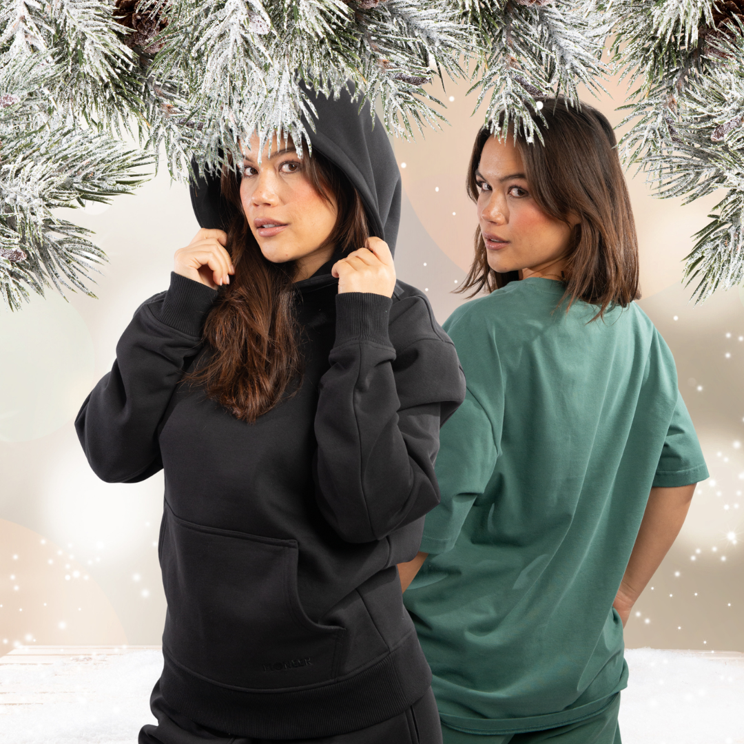 Christmas Gifts images showing a woman wearing sustainable organic cotton clothing 