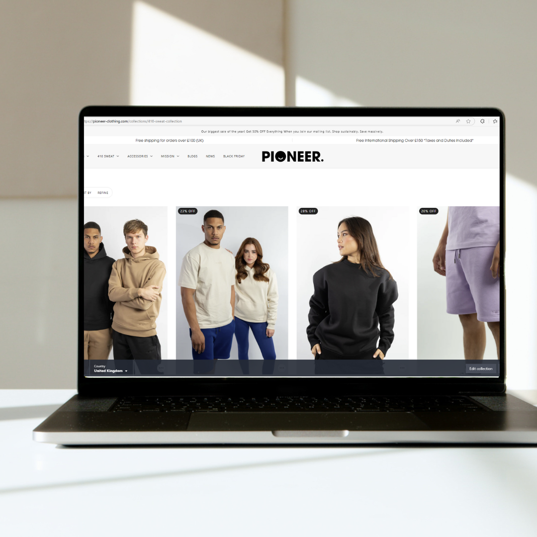 A laptop showing Pioneer Clothing's newest range of sustainable jumpers and joggers 