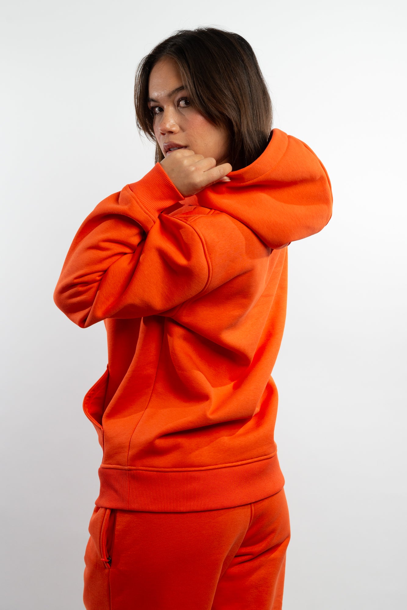 Mandarin Red Hoodie made with organic cotton and recycled materials