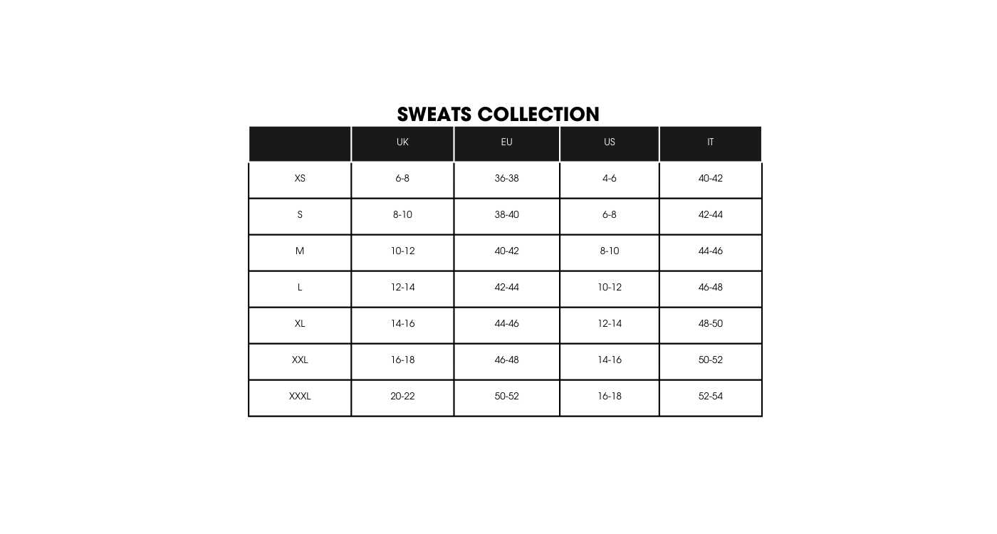 Sweat Collection Size Chart